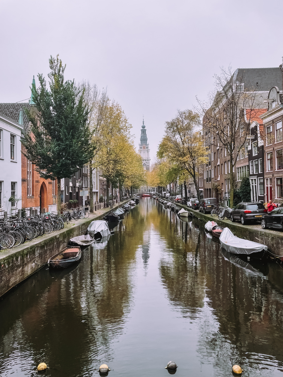 A perfectly symmetrical Amsterdam canal in autumn, church tower rising through the mist at the end of a tree-lined corridor of Dutch townhouses.