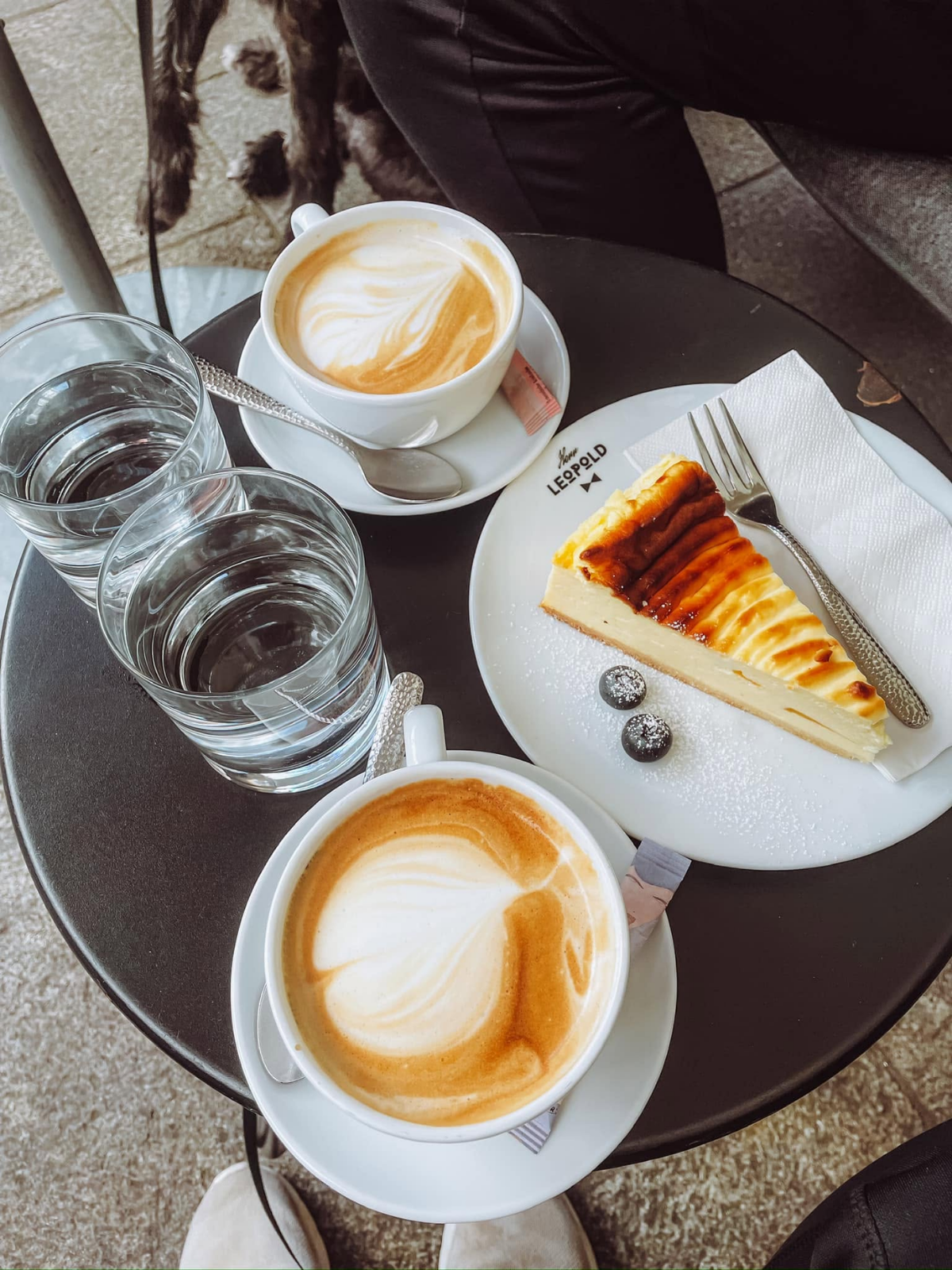 A café table from above with two lattes in heart-patterned foam, a slice of Käsekuchen (cheesecake) on a plate, and glasses of water, with a small dog nearby.