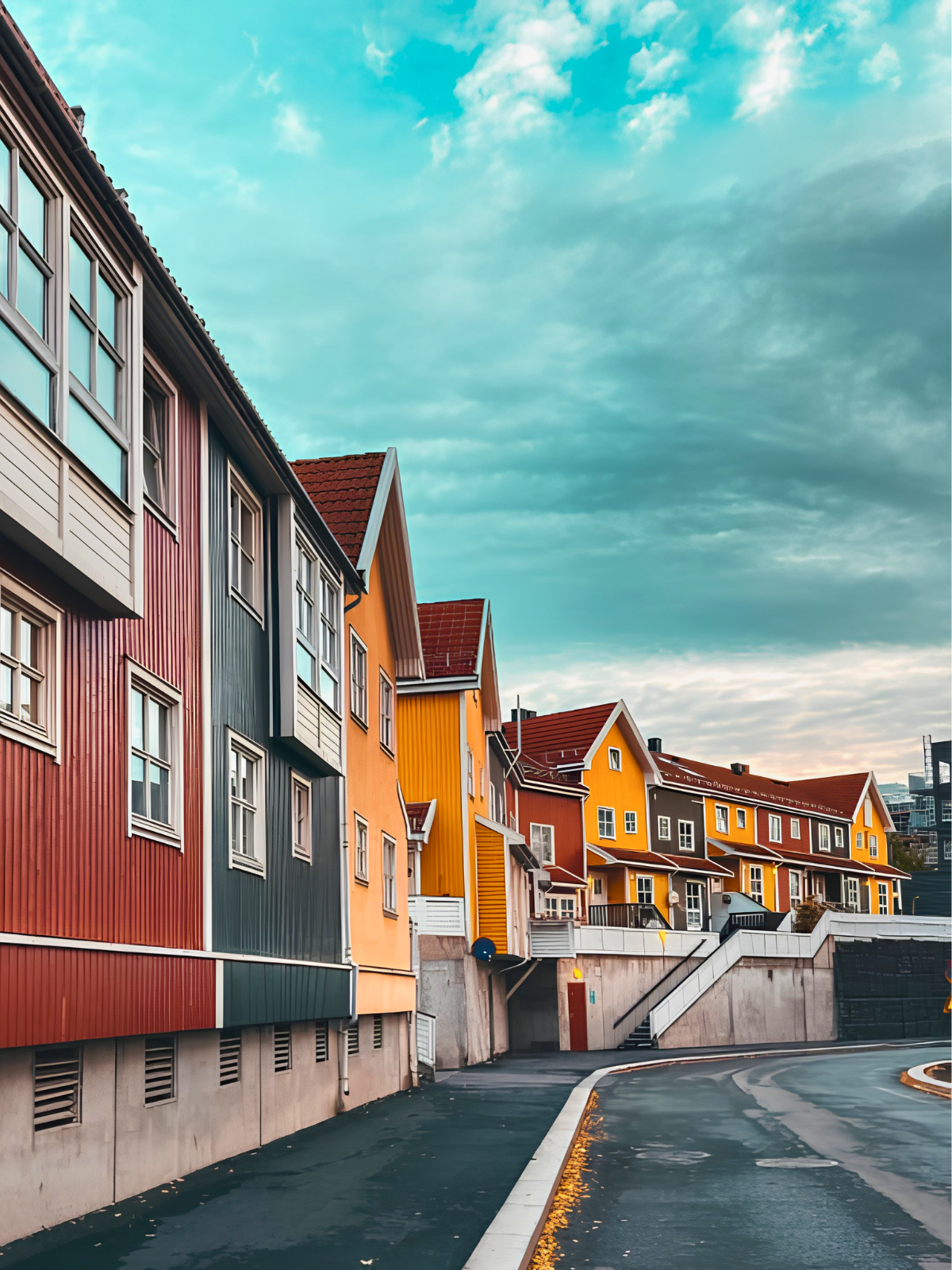 A row of brightly painted Norwegian wooden houses — red, yellow and grey — curving along a quiet Tromsø street under a dramatic teal sky.