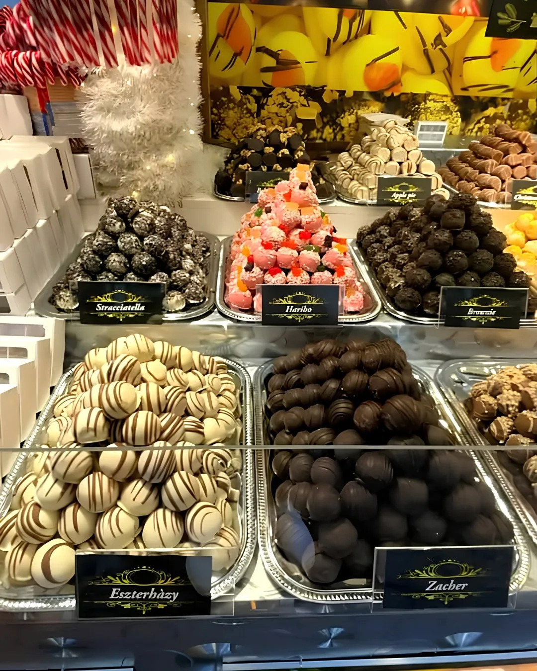 Chocolate truffles at a Budapest Christmas market stall